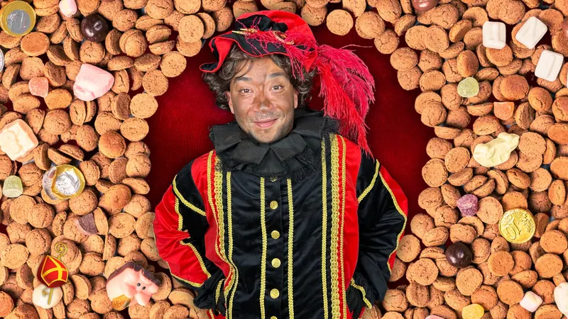 Piet met een rode veer op de baret