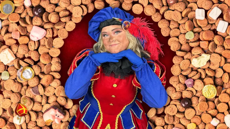 Piet in blauw-rood kostuum poseert met de handen onder de kin