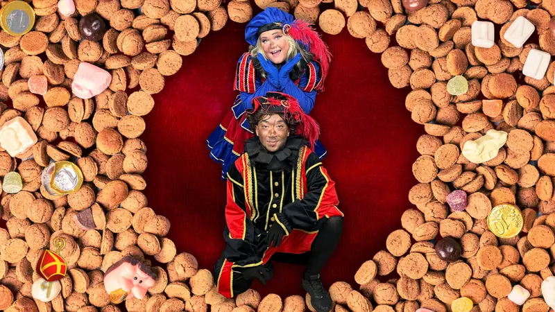 Twee Pieten poseren boven elkaar